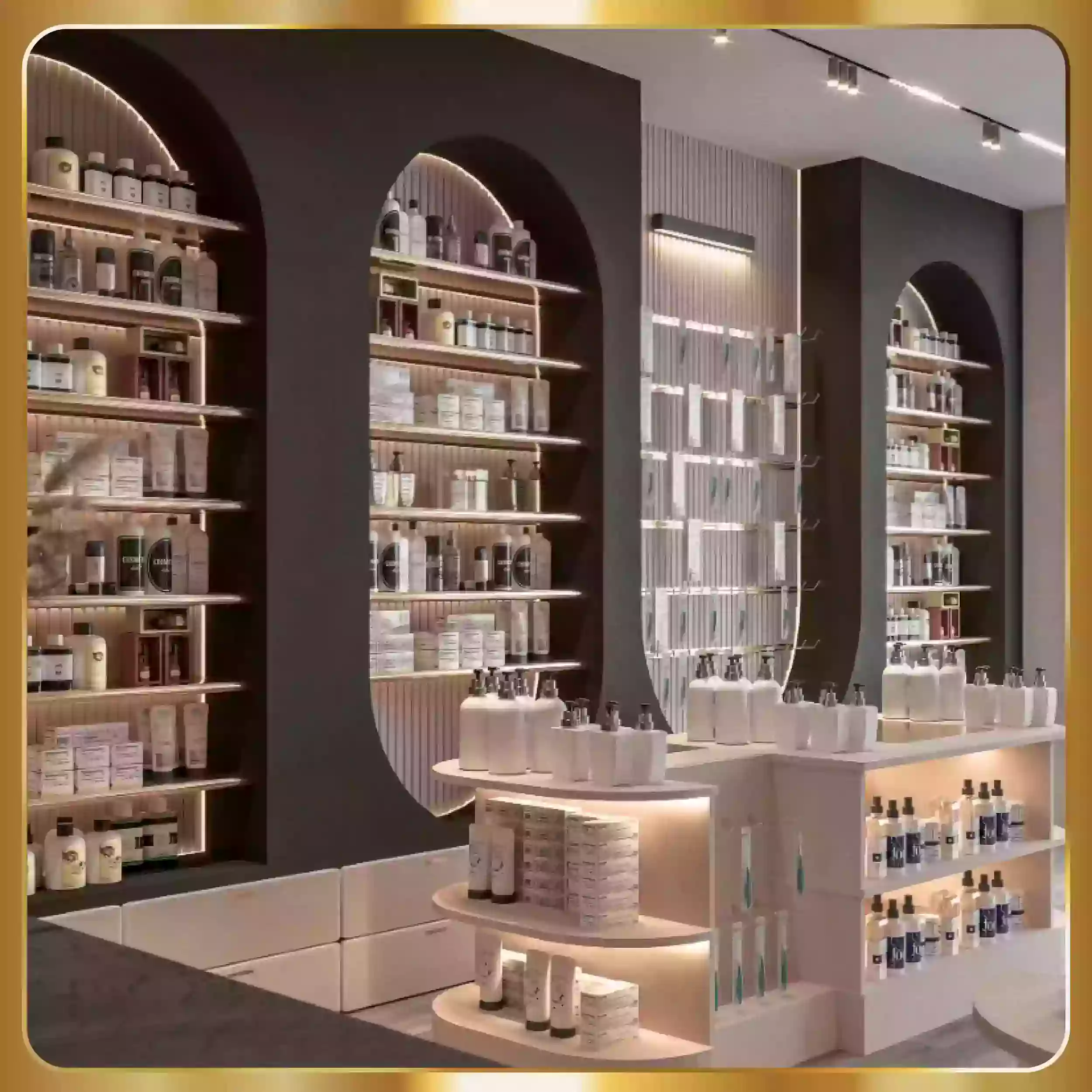 cosmetic display stand  with greenery accents  